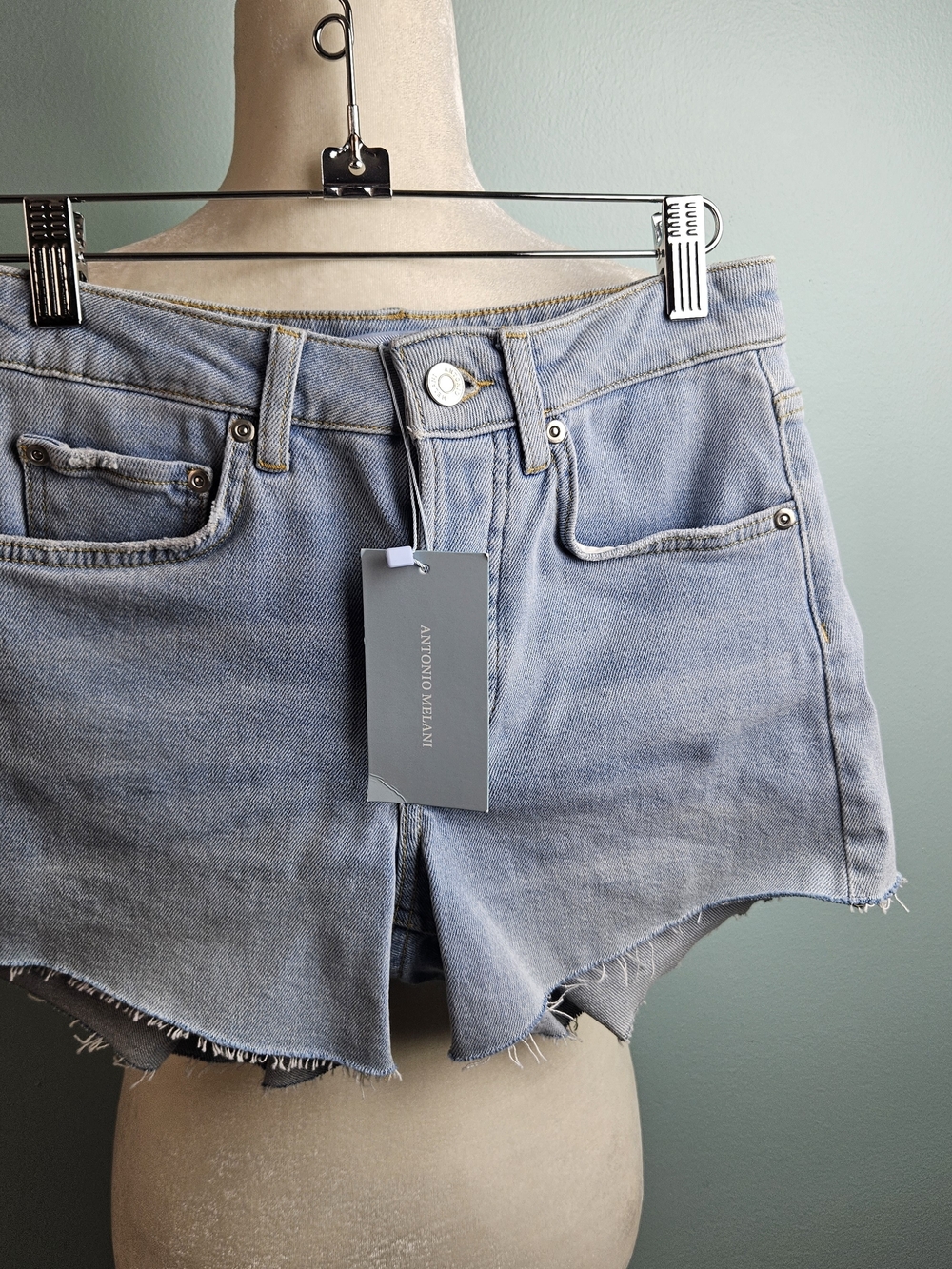 NWT ANTONIO MELANI Faded Light Blue Denim Cutoff Shorts
